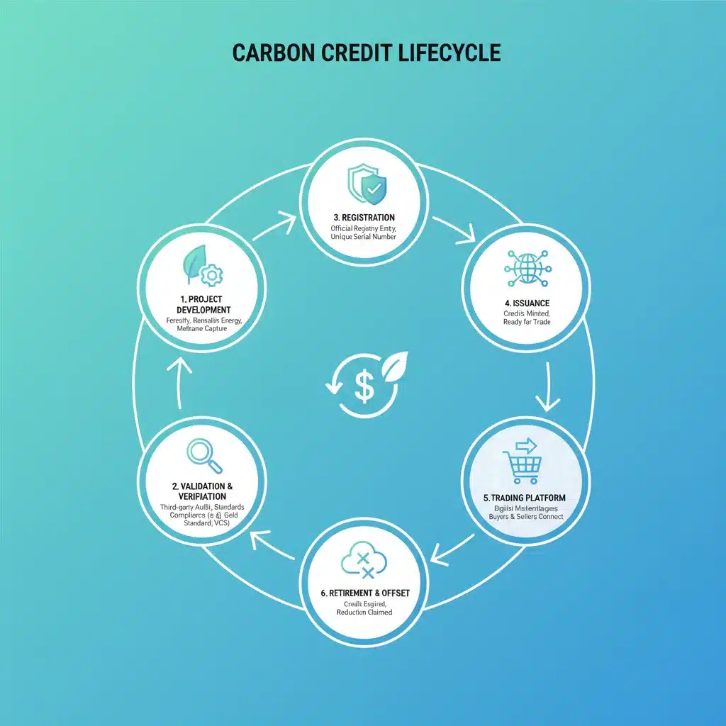 Infográfico detalhado sobre o ciclo de vida dos créditos de carbono, desde a geração até a comercialização.