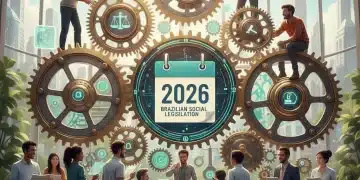 Comunidade brasileira adaptando-se à nova legislação social de 2026, com engrenagens e peças de quebra-cabeça representando a complexidade legal.