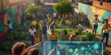 Grupo comunitário brasileiro colaborando em projeto social, com documentos legais e gráficos de crescimento ao fundo.