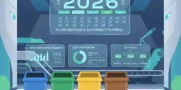 Instalação moderna de descarte sustentável com lixeiras coloridas e telas de dados, simbolizando a preparação para 2026.