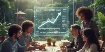 Empreendedores analisando documentos de créditos de carbono com fundo de floresta e gráfico de crescimento.