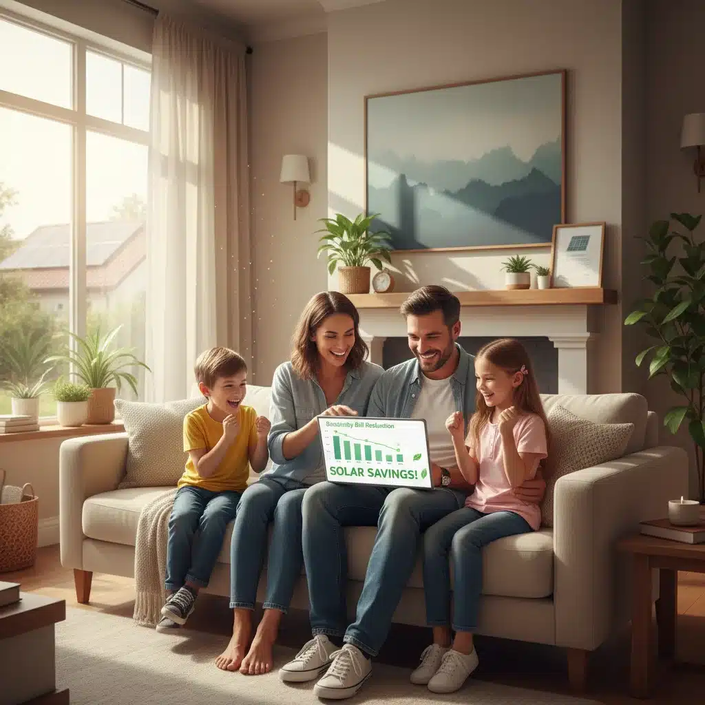 Família sorridente observando a redução da conta de luz em um tablet, celebrando a economia com energia solar.