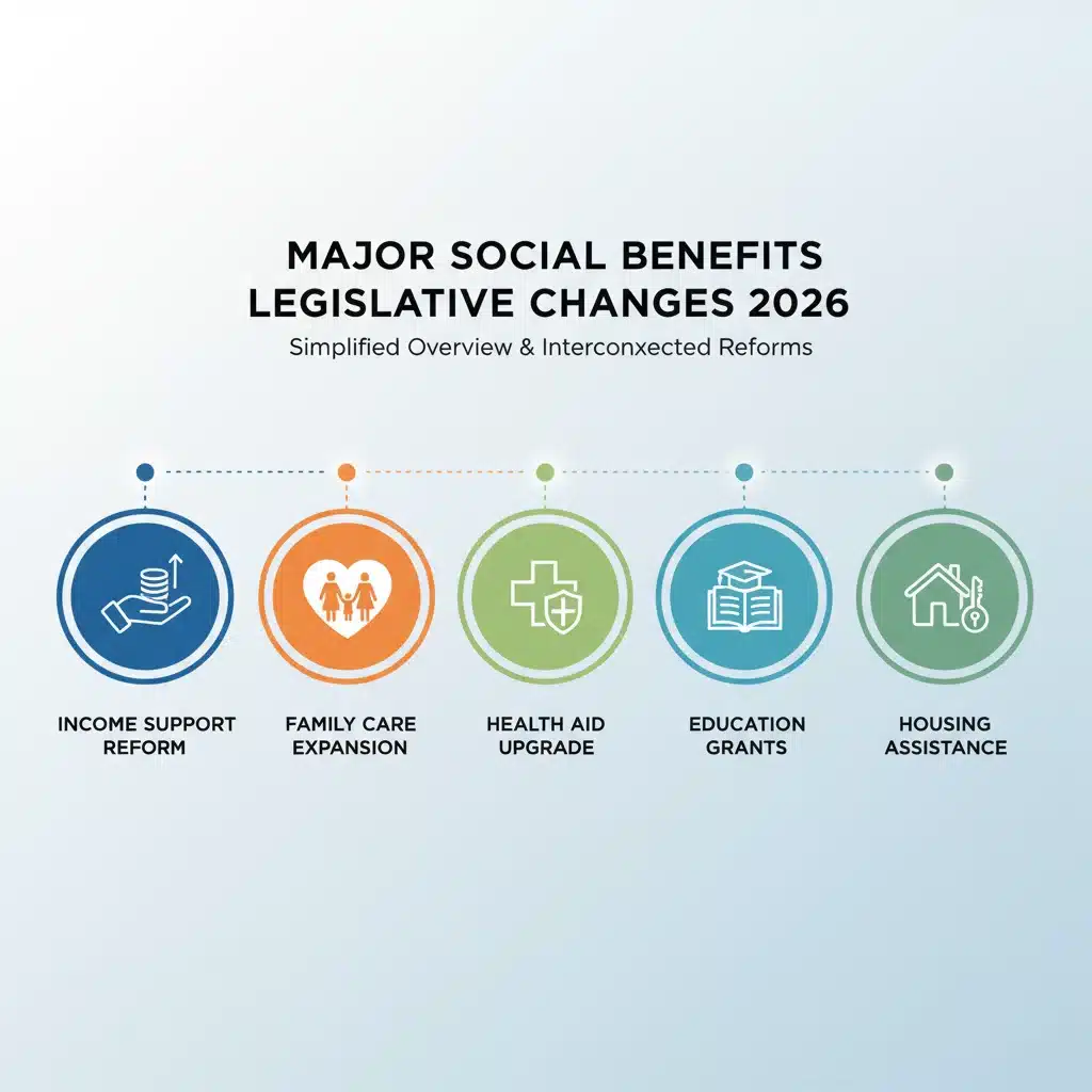 Infográfico visualizando cinco ícones distintos que representam as principais mudanças legislativas em benefícios sociais para o ano de 2026, com foco na clareza e representação das categorias de auxílio.