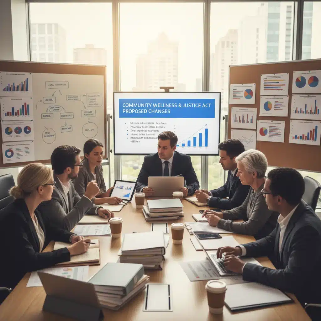 Líderes comunitários e consultores jurídicos discutindo as novas políticas sociais e seus impactos em um ambiente colaborativo.