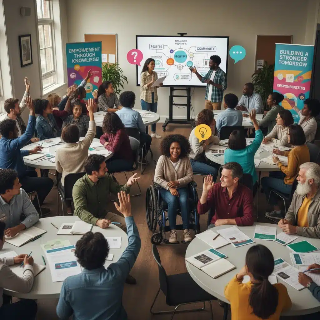 Membros da comunidade participando de um workshop, aprendendo sobre novos direitos sociais e responsabilidades, com foco na capacitação.