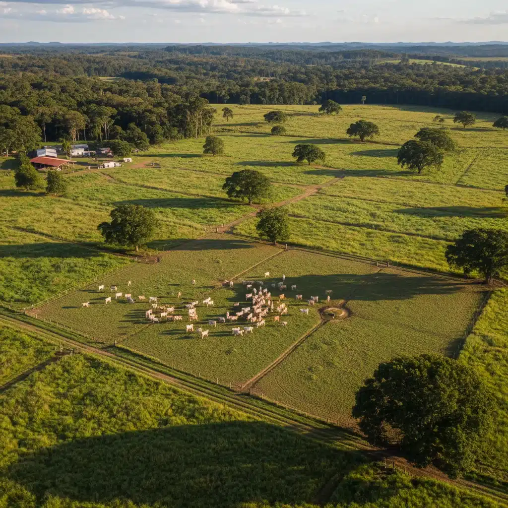 Vista aérea de gado em pastoreio rotacionado em uma fazenda brasileira, mostrando paddocks bem gerenciados e biodiversidade.