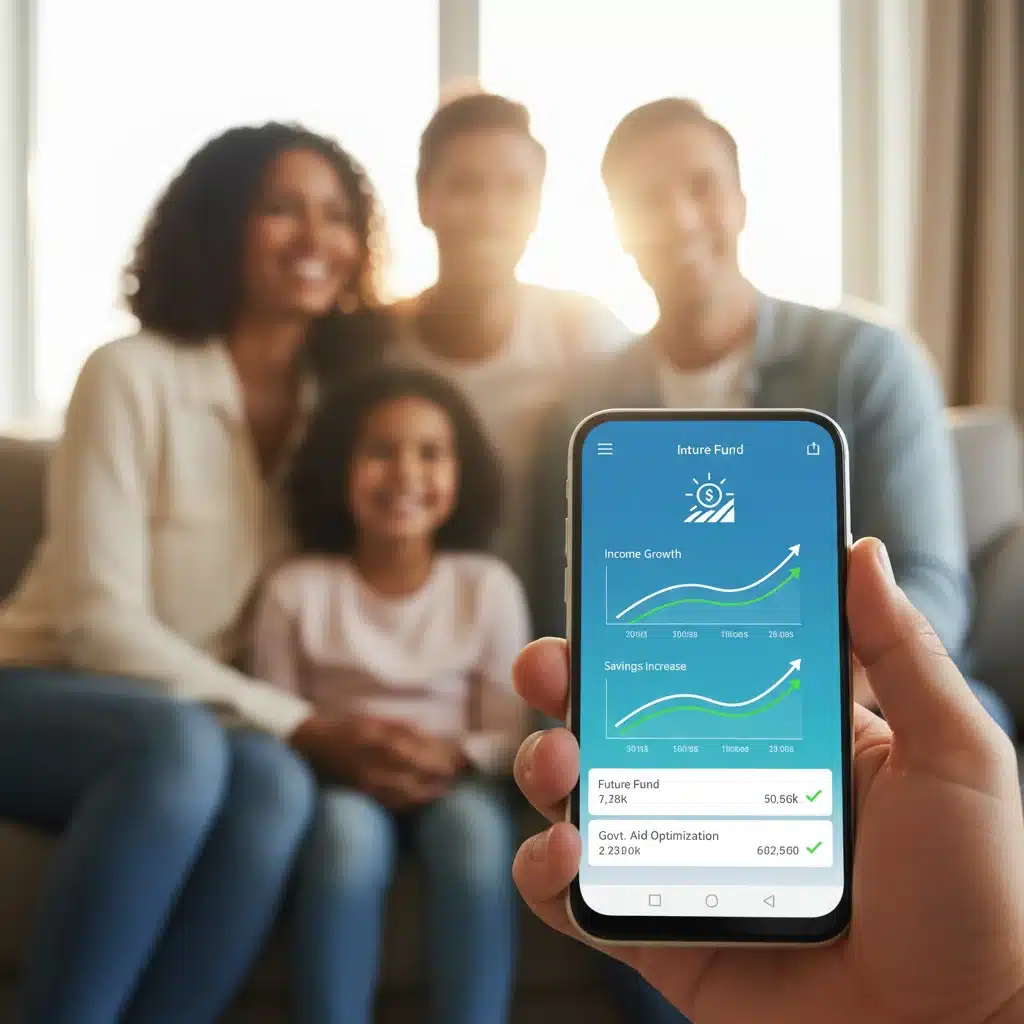 Mão segurando smartphone com aplicativo financeiro mostrando crescimento de renda, simbolizando planejamento e benefícios sociais.