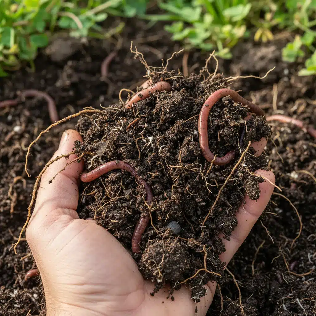 Solo rico e saudável com minhocas e raízes de plantas, evidenciando a vitalidade microbiana e a matéria orgânica.