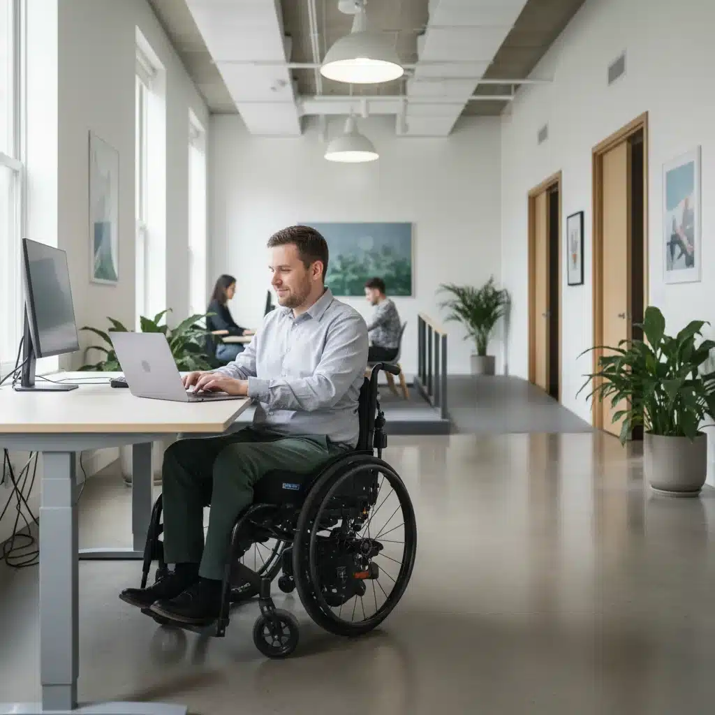 Pessoa com deficiência trabalhando ativamente em um escritório acessível, demonstrando produtividade e integração profissional.