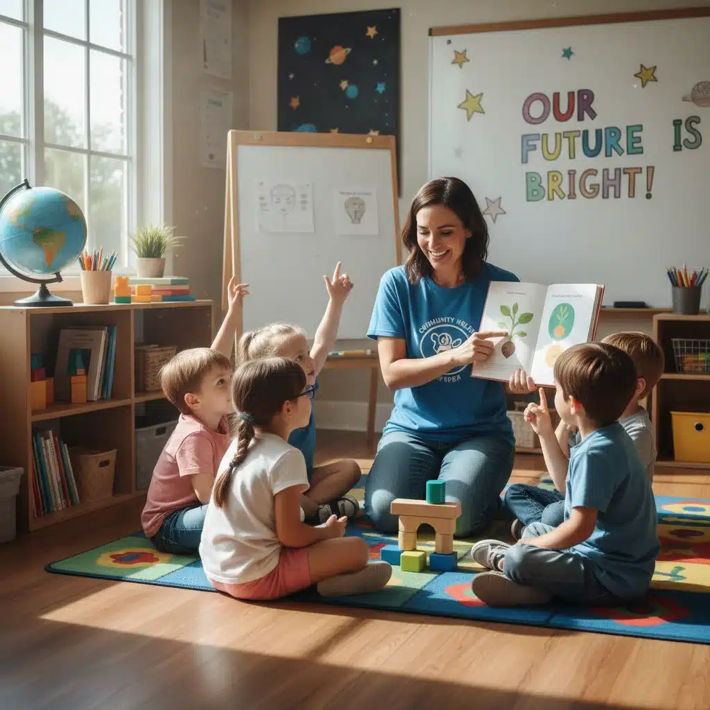 Voluntário ensinando e interagindo com crianças em um ambiente de aprendizado comunitário.
