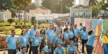 Grupo diverso de voluntários sorrindo e colaborando em uma ação comunitária no Brasil.