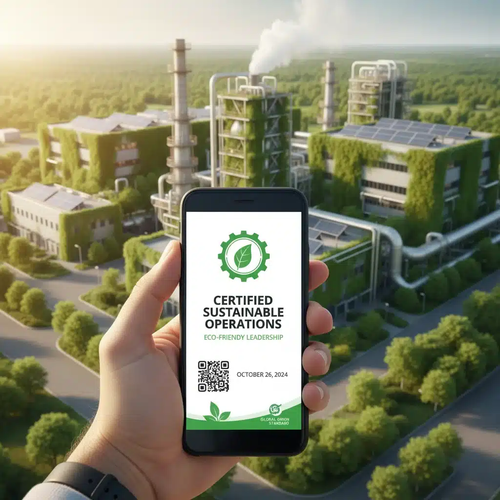 Mão segurando smartphone com certificado digital de sustentabilidade, ao fundo uma fábrica verde e próspera.