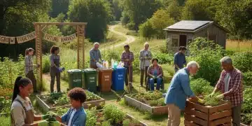 Pessoas diversas colaborando em um projeto comunitário sustentável, como uma horta ou reciclagem, com foco na prosperidade a longo prazo.