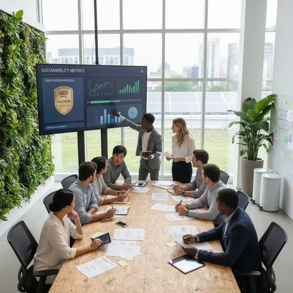 Equipe colaborando em um escritório sustentável, analisando dados para certificação ambiental.