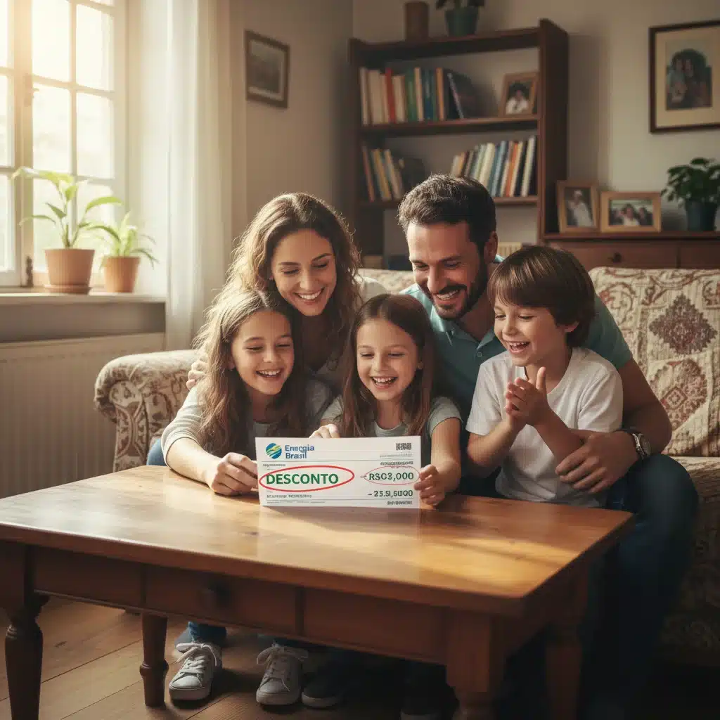 Família sorrindo analisando conta de luz com desconto da Tarifa Social.