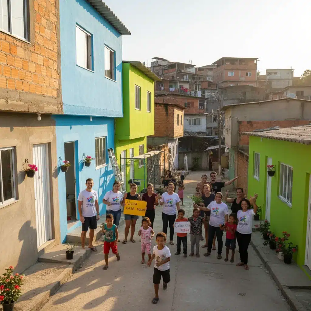 Famílias felizes em frente às suas casas melhoradas após um projeto de voluntariado em comunidade brasileira.