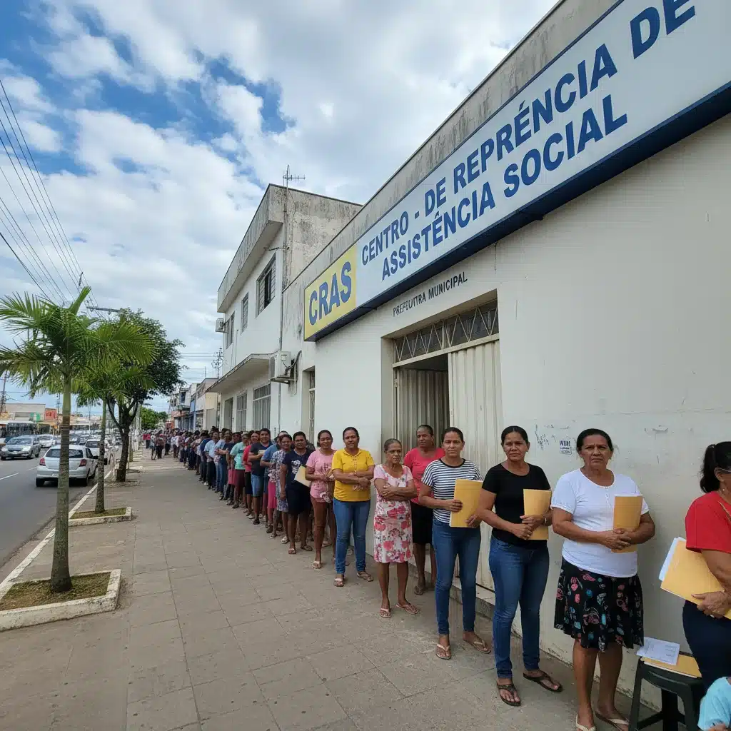 Pessoas aguardando atendimento em frente a um CRAS para atualização do CadÚnico