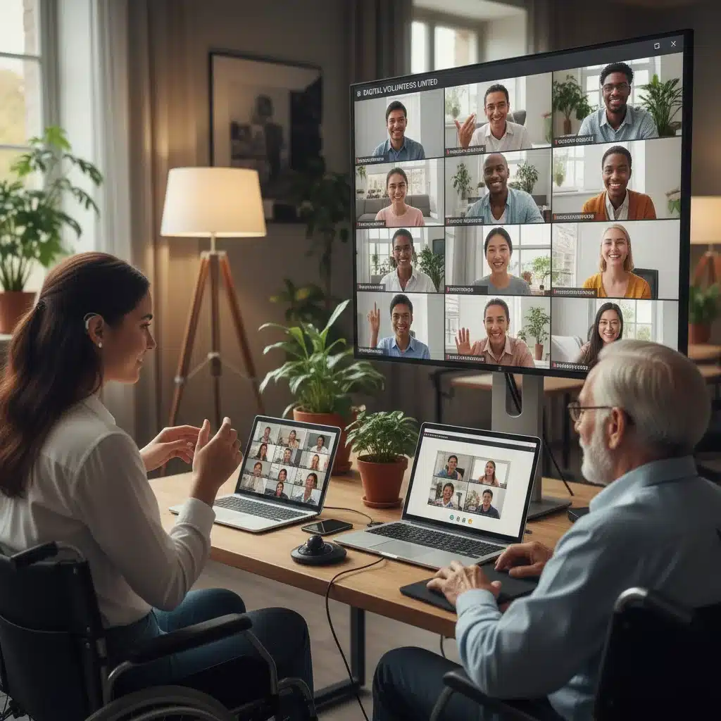 Grupo diverso de voluntários, incluindo pessoas com deficiência e idosos, participando de reunião virtual. Inclusão no voluntariado digital.