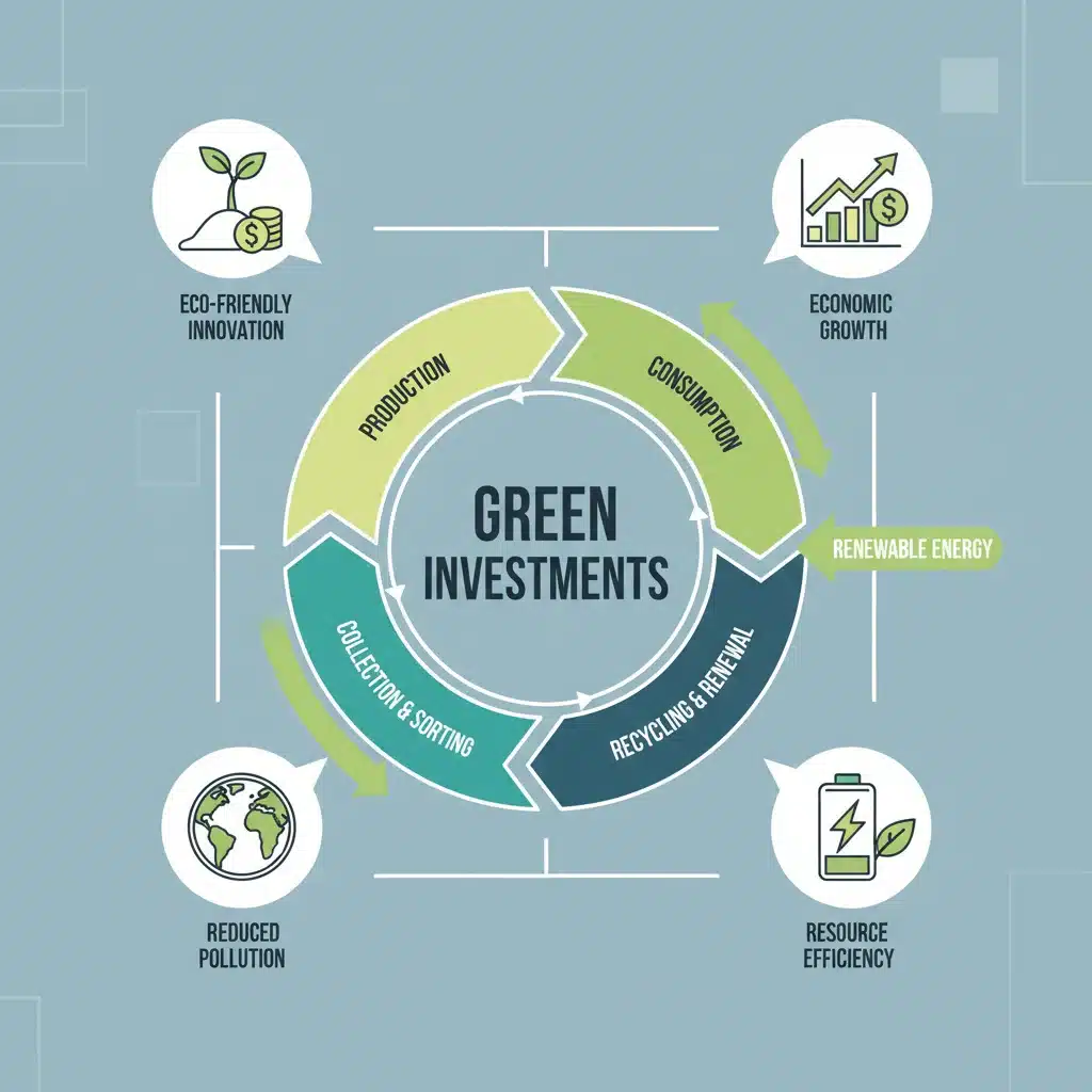 Infográfico de economia circular com setas conectando produção, consumo e reciclagem, destacando benefícios de investimentos verdes.