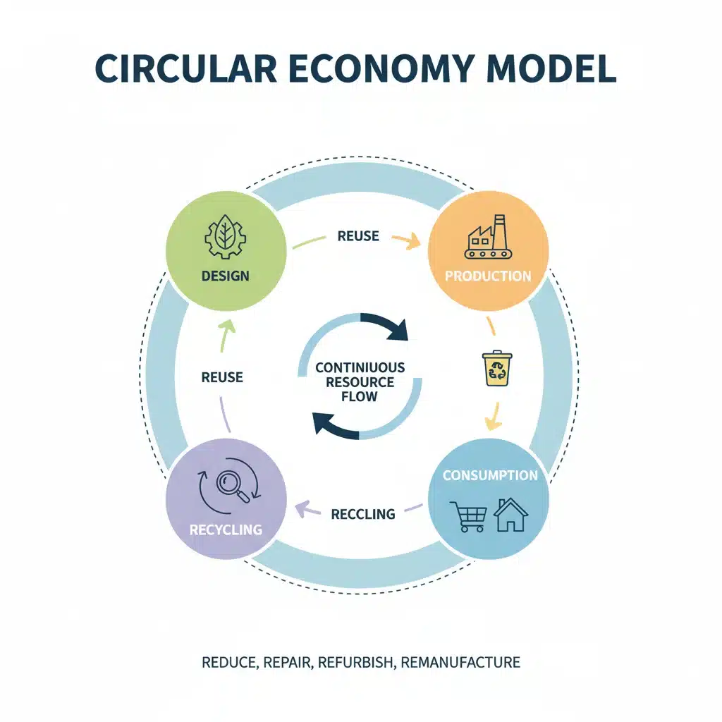 Infográfico detalhado sobre o modelo de economia circular, mostrando as etapas de design, produção, consumo, reutilização e reciclagem.