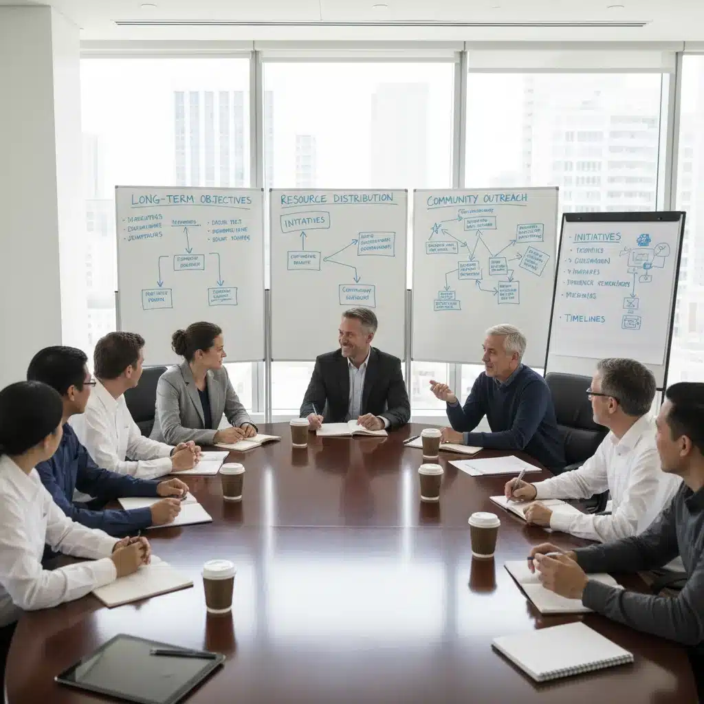Líderes comunitários e stakeholders em uma reunião de planejamento estratégico, definindo metas de longo prazo e alocação de recursos.