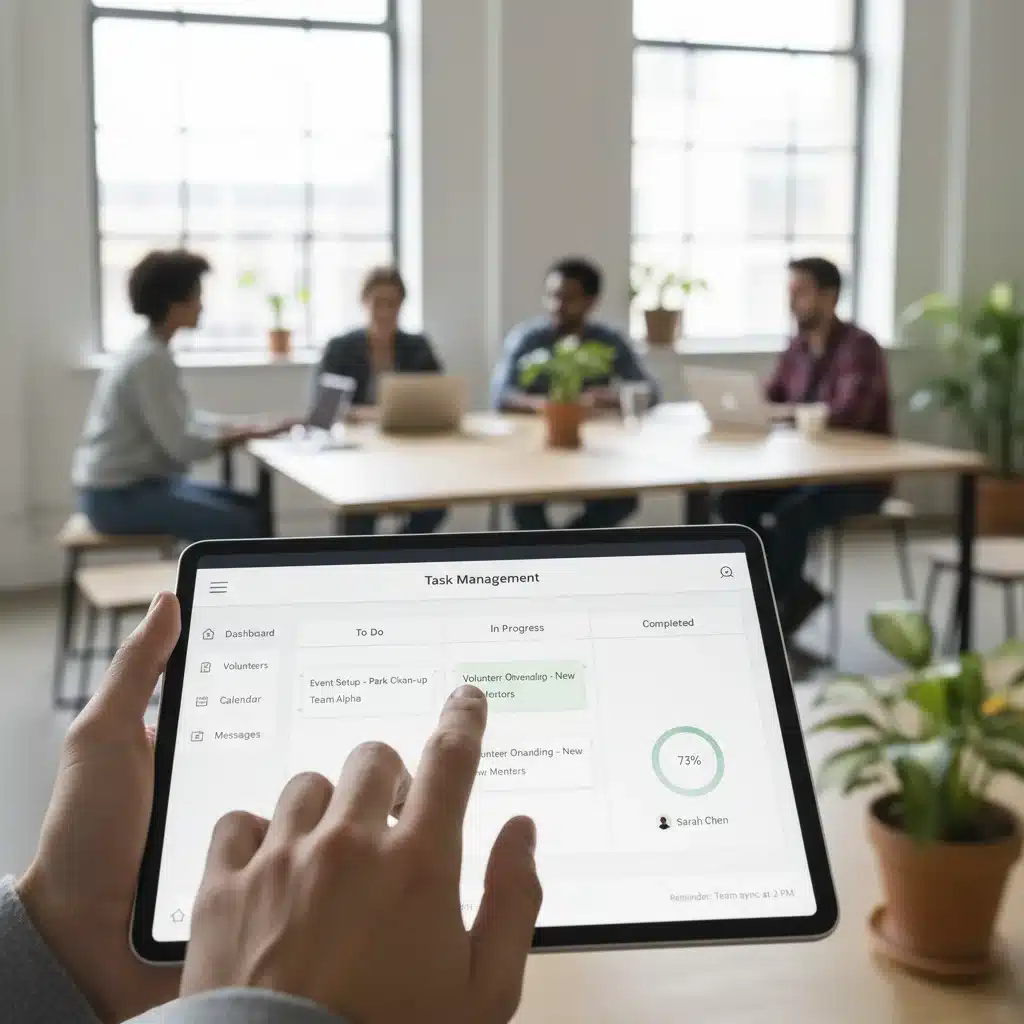 Mão interagindo com tablet mostrando plataforma de gestão de voluntários digitais. Eficiência e organização no voluntariado online.