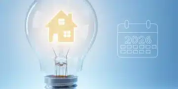 Lâmpada acesa com silhueta de casa e números '2026', representando economia de energia e Tarifa Social.