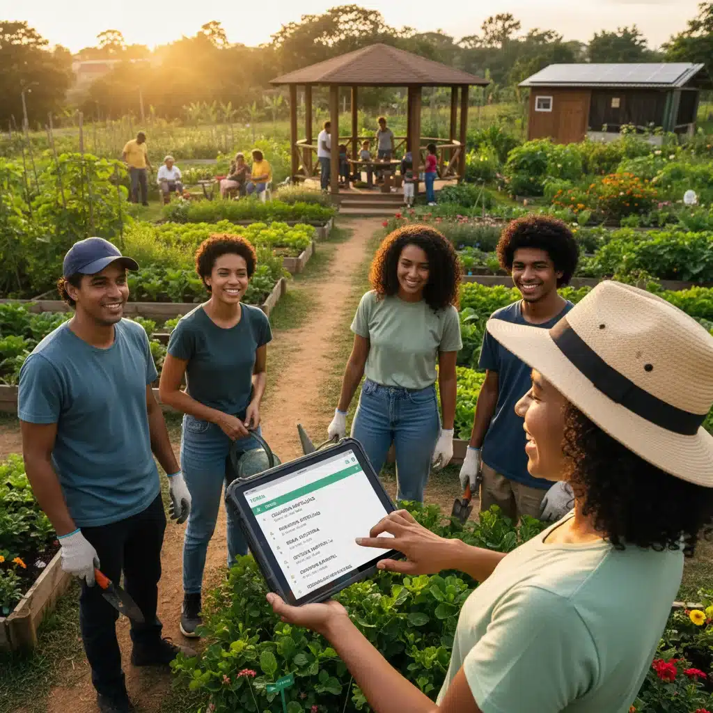 Voluntário utilizando tablet para coordenar atividades em horta comunitária, mostrando integração tecnológica no voluntariado.