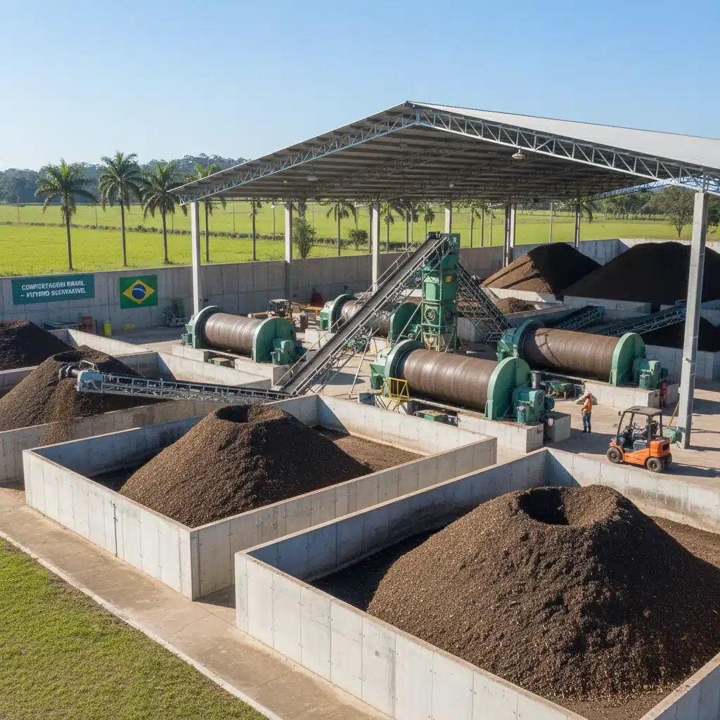 Usina de compostagem moderna processando resíduos orgânicos em adubo fertilizante