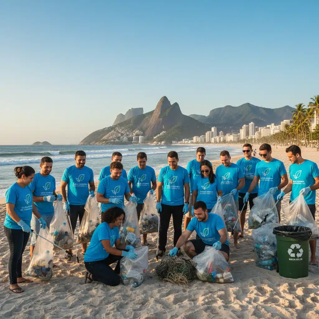 Funcionários de empresa em ação de limpeza de praia no Brasil, demonstrando voluntariado corporativo e responsabilidade ambiental.