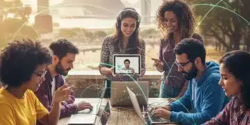 Jovens voluntários brasileiros de diversas origens trabalhando remotamente em laptops e tablets. Foco no voluntariado digital no Brasil.