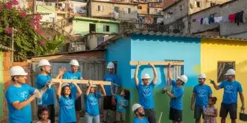 Voluntários sorrindo e trabalhando em conjunto para construir uma casa em comunidade urbana brasileira.