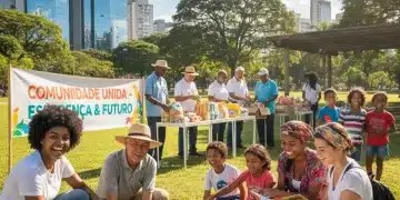 Grupo diverso de voluntários sorrindo em ação social no Brasil, plantando árvores e interagindo com a comunidade.