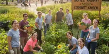 Voluntários diversos trabalhando juntos em um jardim comunitário, simbolizando colaboração e impacto sustentável.