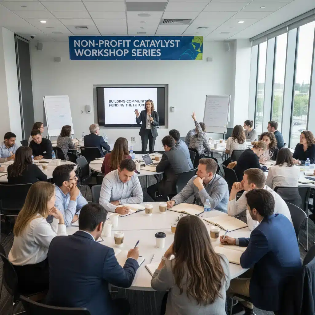 Grupo de pessoas em workshop sobre captação de recursos e engajamento comunitário para projetos voluntários.