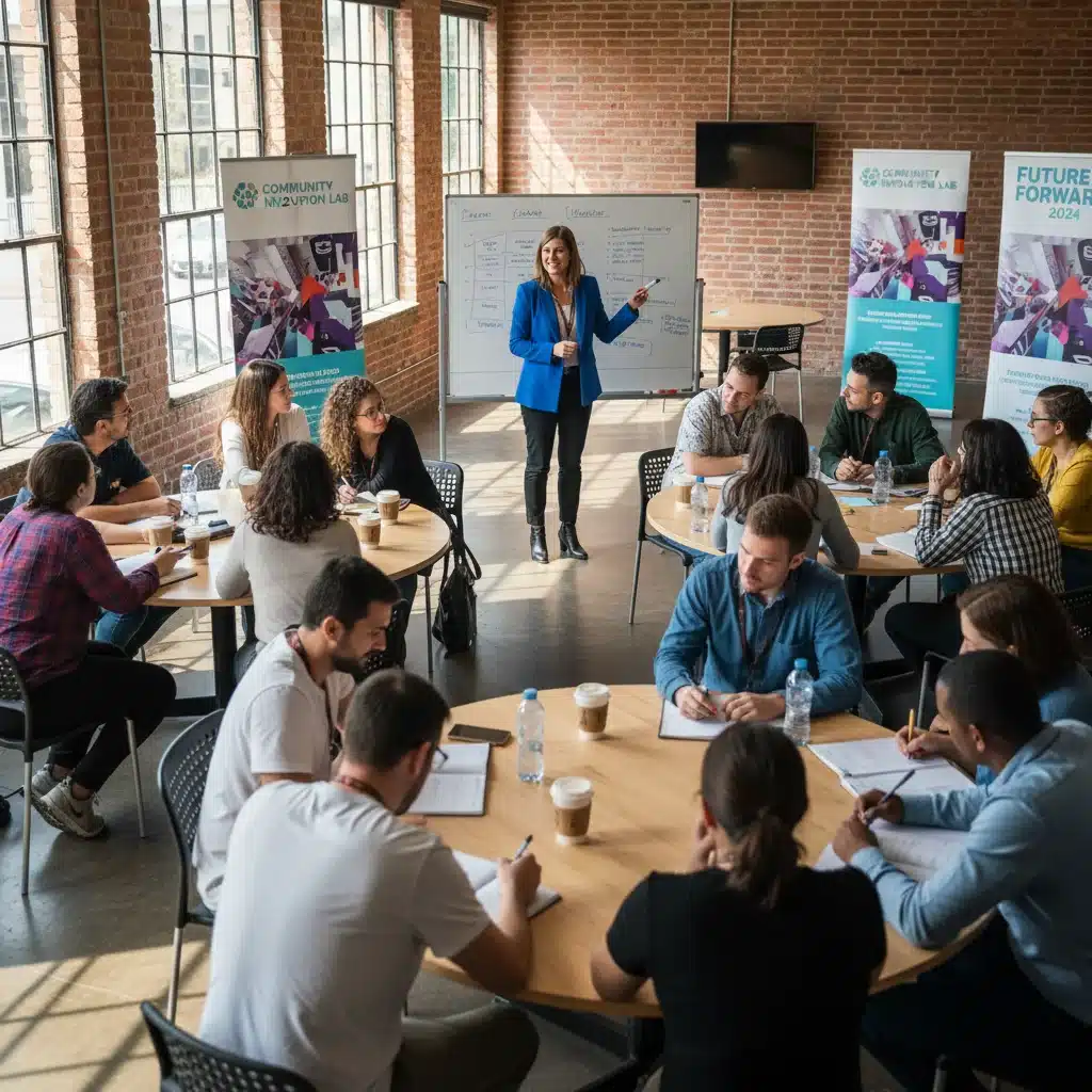 Participantes em um workshop interativo, colaborando e aprendendo em um evento comunitário.