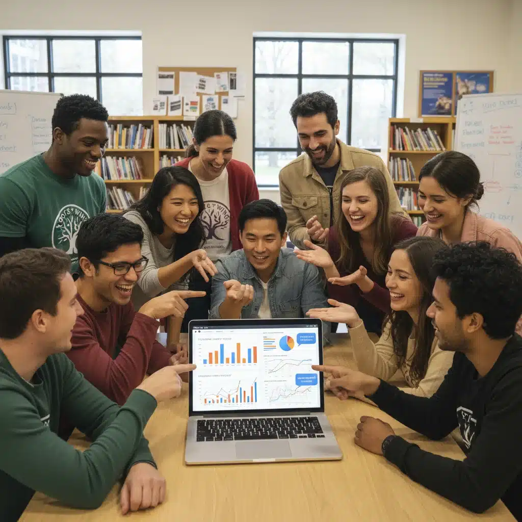 Voluntários analisando dados de impacto social em um dashboard digital.