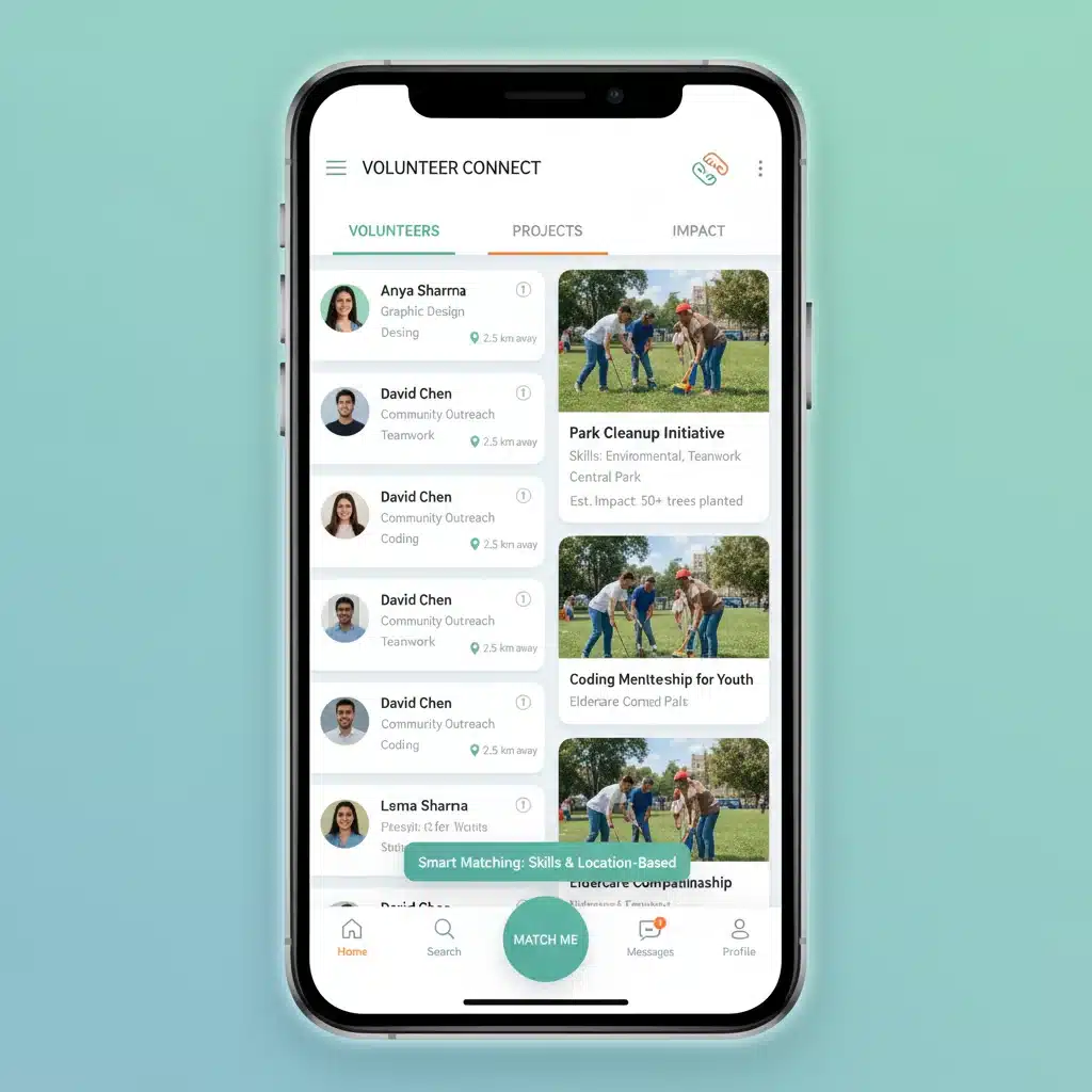 Interface de aplicativo móvel para voluntariado, mostrando perfis de voluntários e projetos, com recursos de correspondência de habilidades e localização.