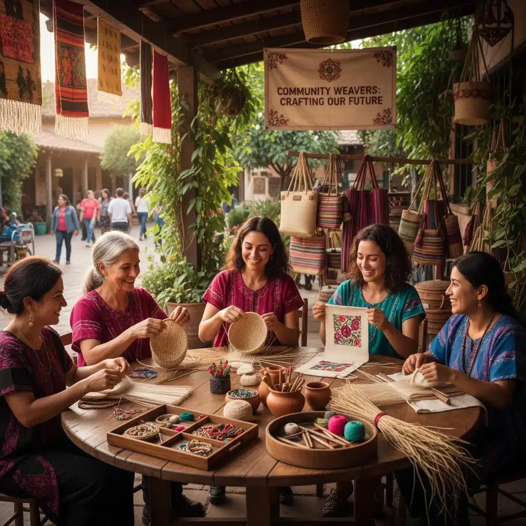 Mulheres trabalhando em um projeto de artesanato comunitário, demonstrando colaboração e geração de renda através de habilidades compartilhadas.
