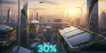 Paisagem urbana futurista com turbinas eólicas e painéis solares, simbolizando a redução de 30% da pegada de carbono por energias renováveis eficientes em 2026.
