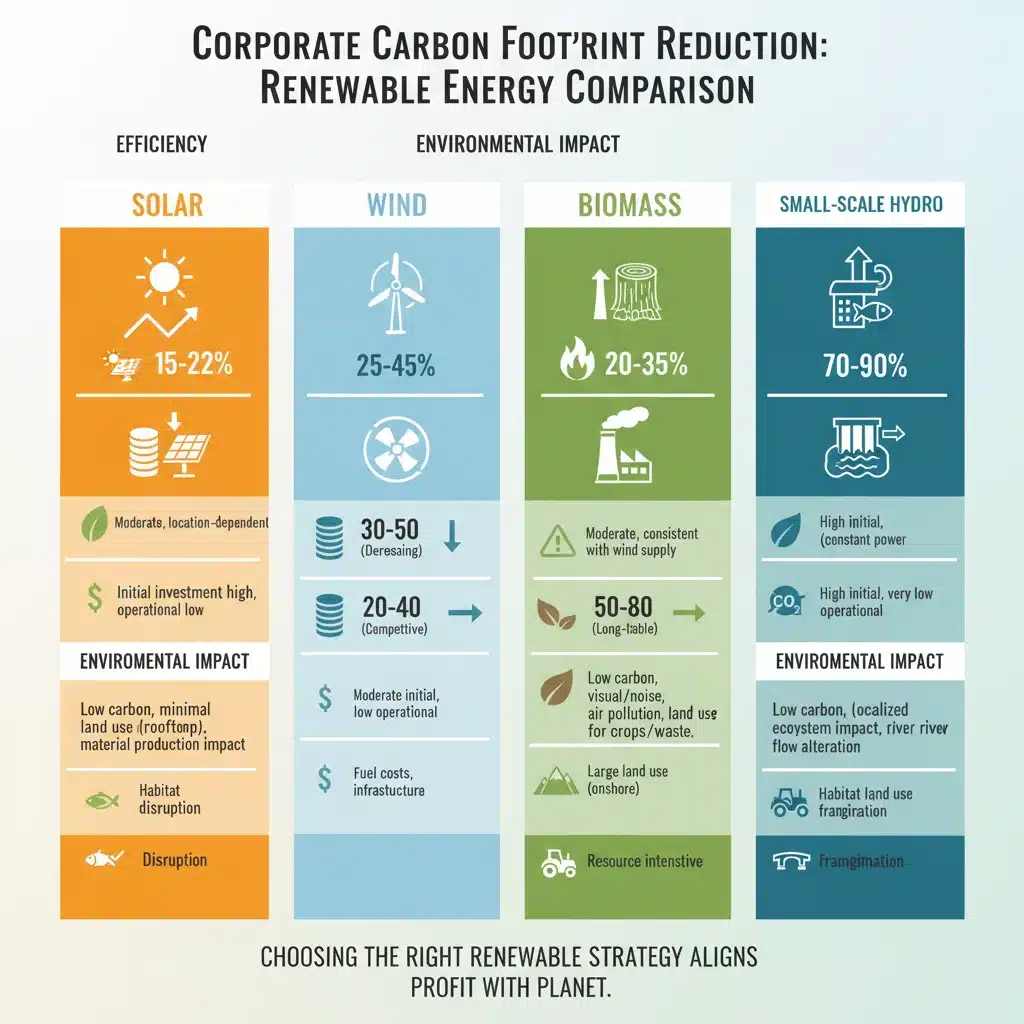 Infográfico detalhado comparando a eficiência e o impacto ambiental de energias solar, eólica, biomassa e hidrelétrica para redução de carbono corporativo.
