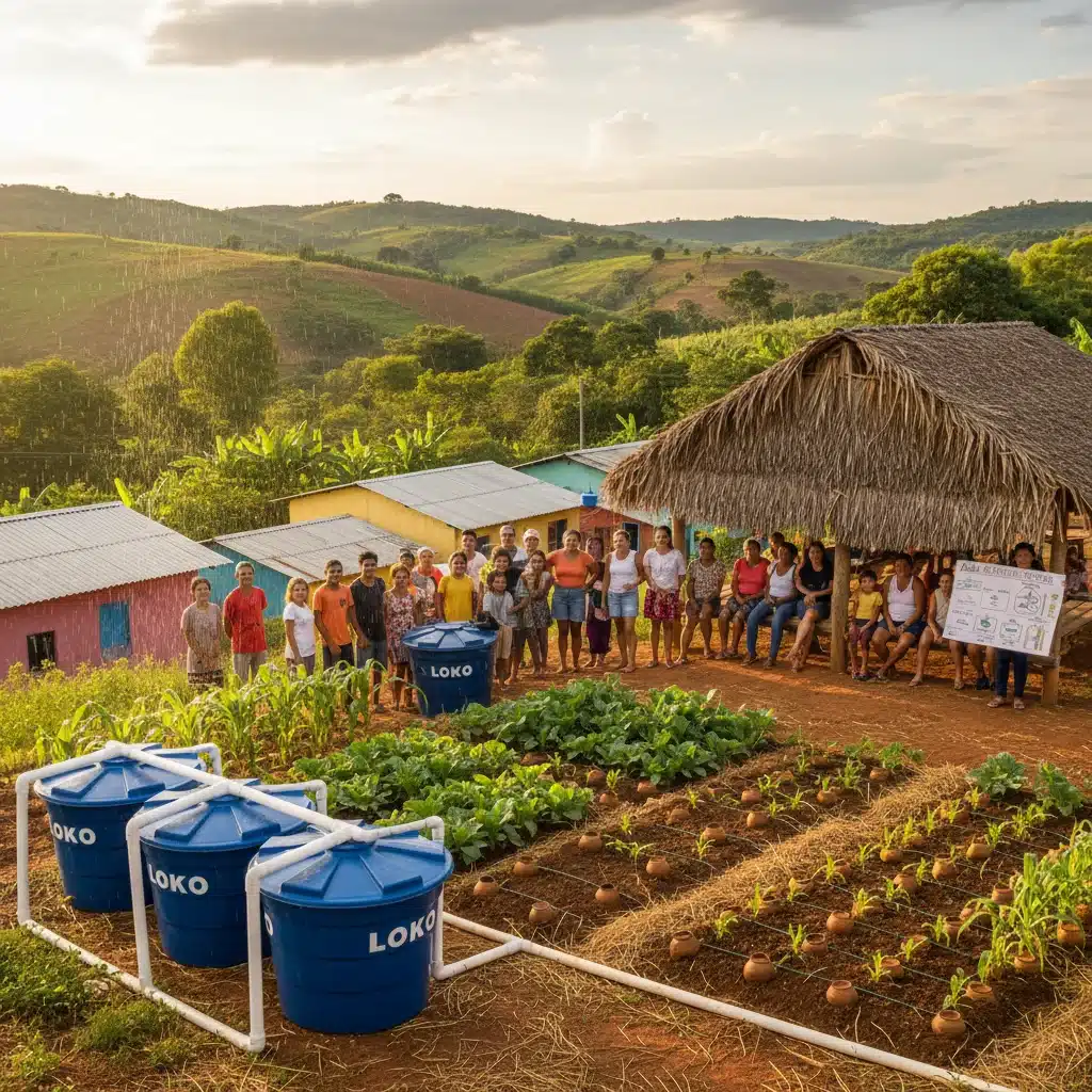 Comunidade rural brasileira engajada em práticas sustentáveis de captação de água da chuva e irrigação eficiente.