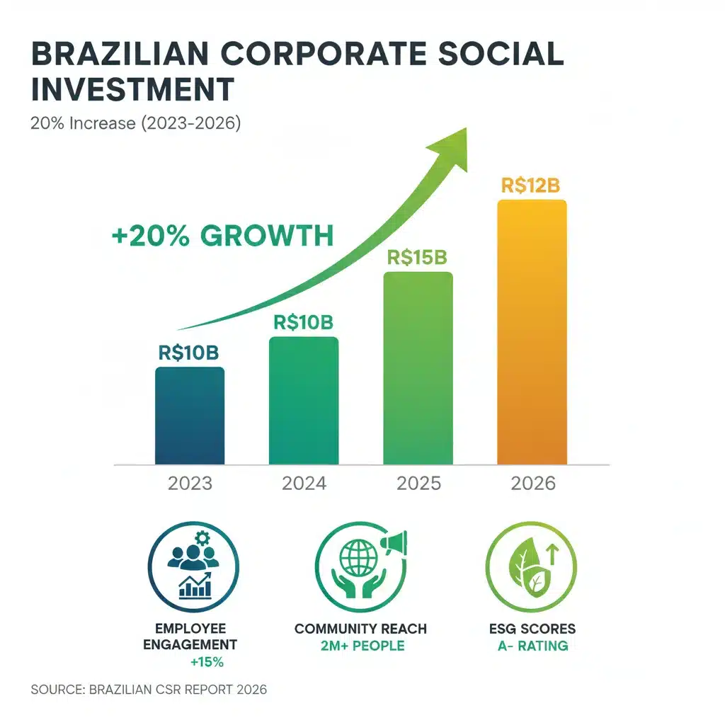 Gráfico mostrando o crescimento de 20% no investimento em voluntariado corporativo no Brasil até 2026.