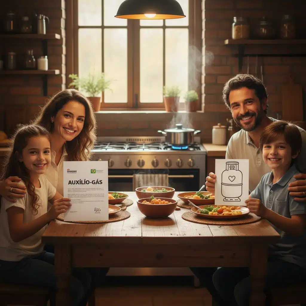 Família feliz na cozinha, simbolizando o uso do Auxílio-Gás para cozinhar
