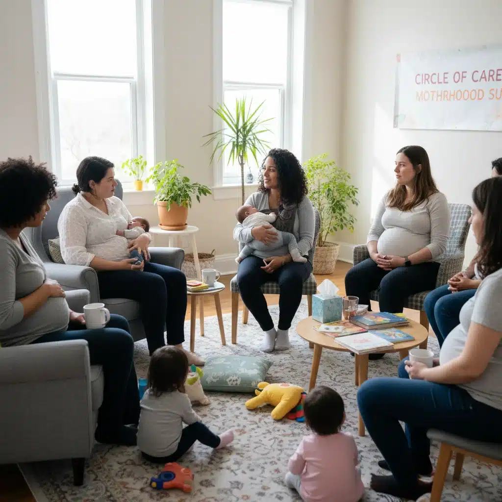 Grupo de mães e gestantes participando de uma reunião de apoio, demonstrando a importância da comunidade.