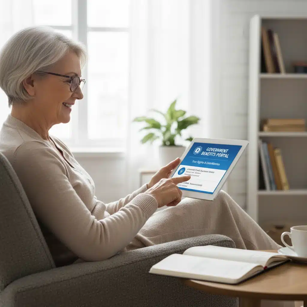 Mulher idosa utilizando tablet para acessar informações sobre benefícios e direitos em 2026.