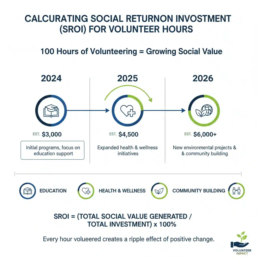 Infográfico detalhando o retorno social de 100 horas de voluntariado ao longo do tempo.