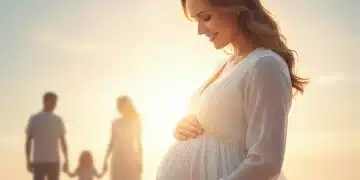 Mulher grávida feliz recebendo apoio social, simbolizando os benefícios para gestantes e mães.