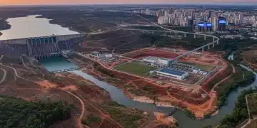 Paisagem brasileira com infraestrutura de gestão hídrica, simbolizando os desafios e soluções para o abastecimento sustentável.