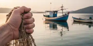 Mão de pescador artesanal segurando rede de pesca, simbolizando o trabalho e a importância do Seguro Defeso.